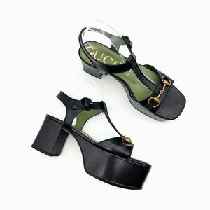 GUCCI Houdan Black Horsebit Platform Heeled T-Strap Size 39 Leather Sandals